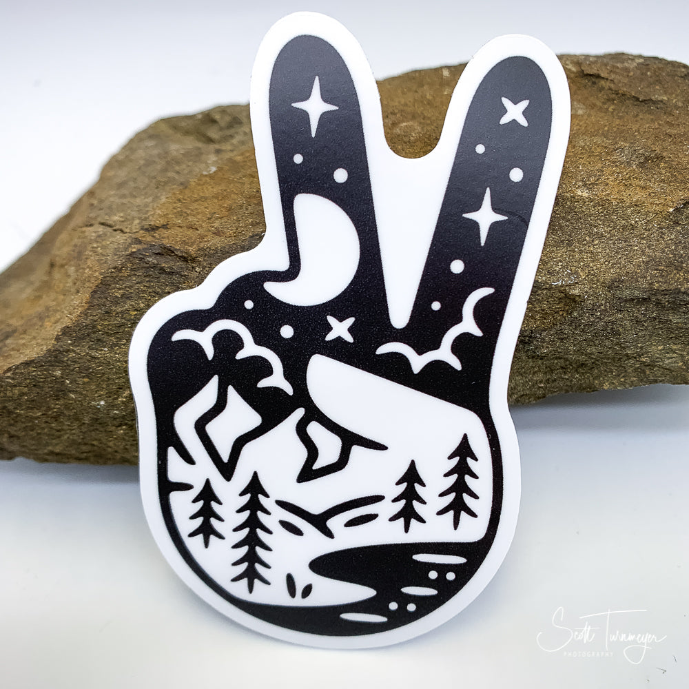 Peace Fingers Mountains and River Vinyl Sticker Decal