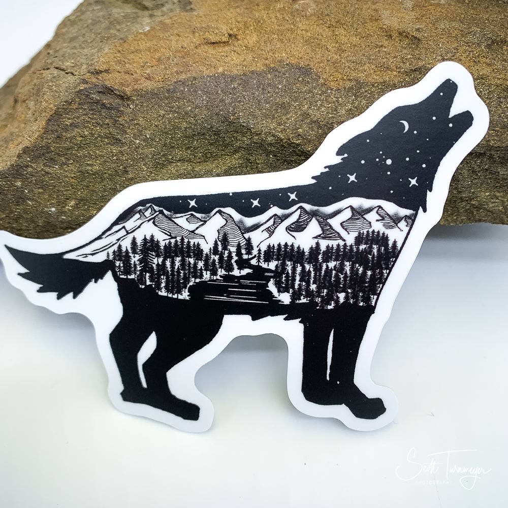 Wolf Howling Mountains Vinyl Sticker Decal