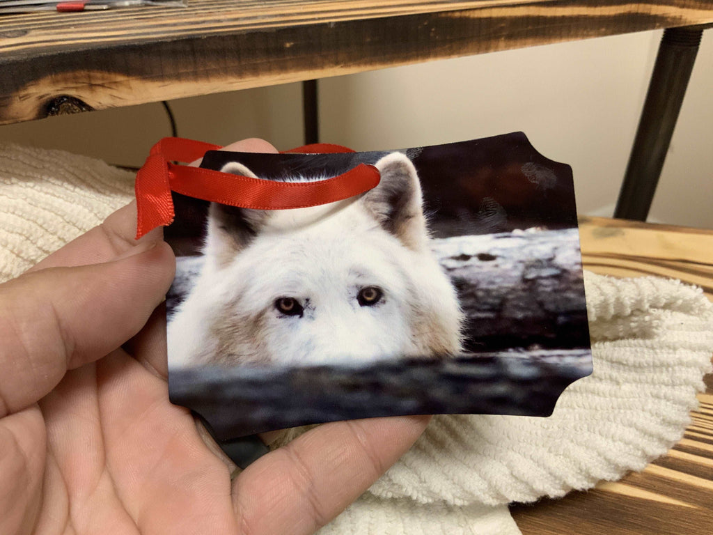 Alpha Wolf and Peek Metal Photo Ornament - Turnmeyer Galleries