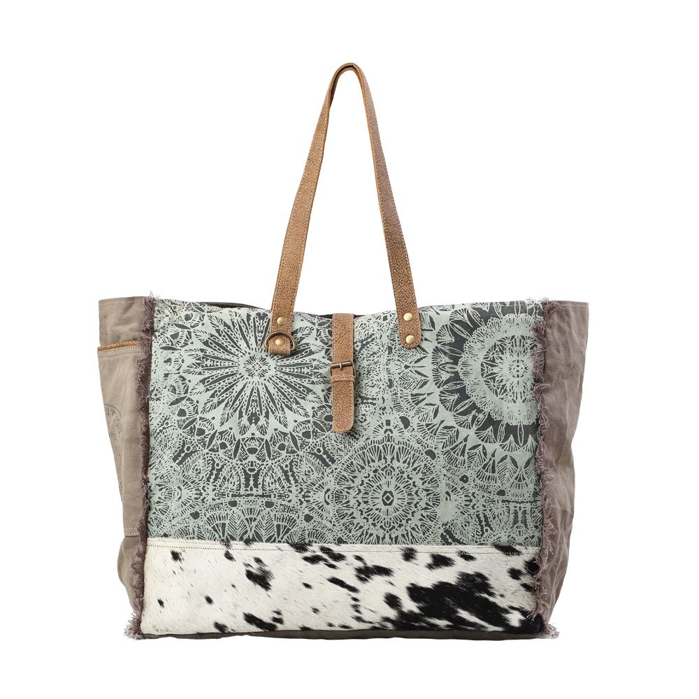 Myra Bag Handmade Floweret Weekender Tote Bag Upcycled Canvas popular & Cowhide Leather